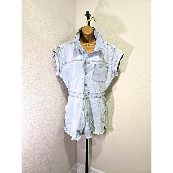 Y2K Rockabilly Grunge Cap Sleeve Boilersuit Shorts Romper Denim Stretch Womens M - Picture 1 of 7
